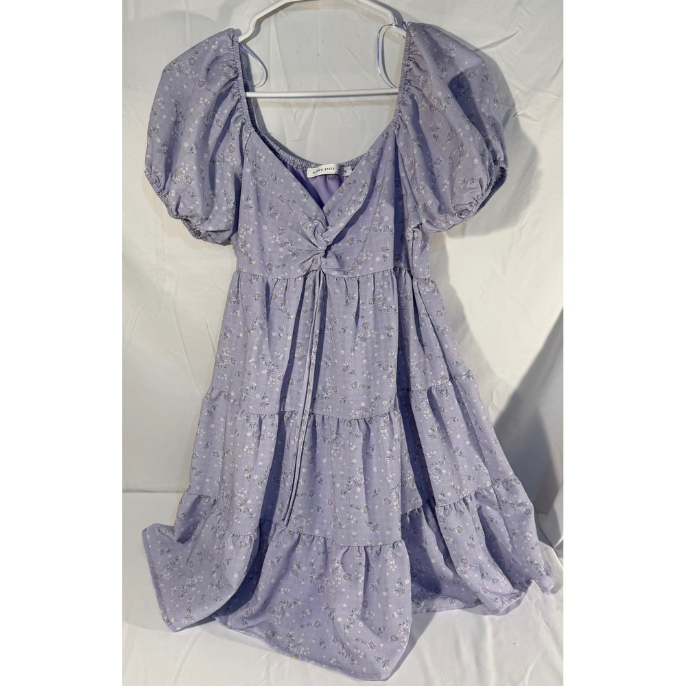 Altar'd State Floral Puff Sleeve Tiered Mini Dress Lavender Purple Small